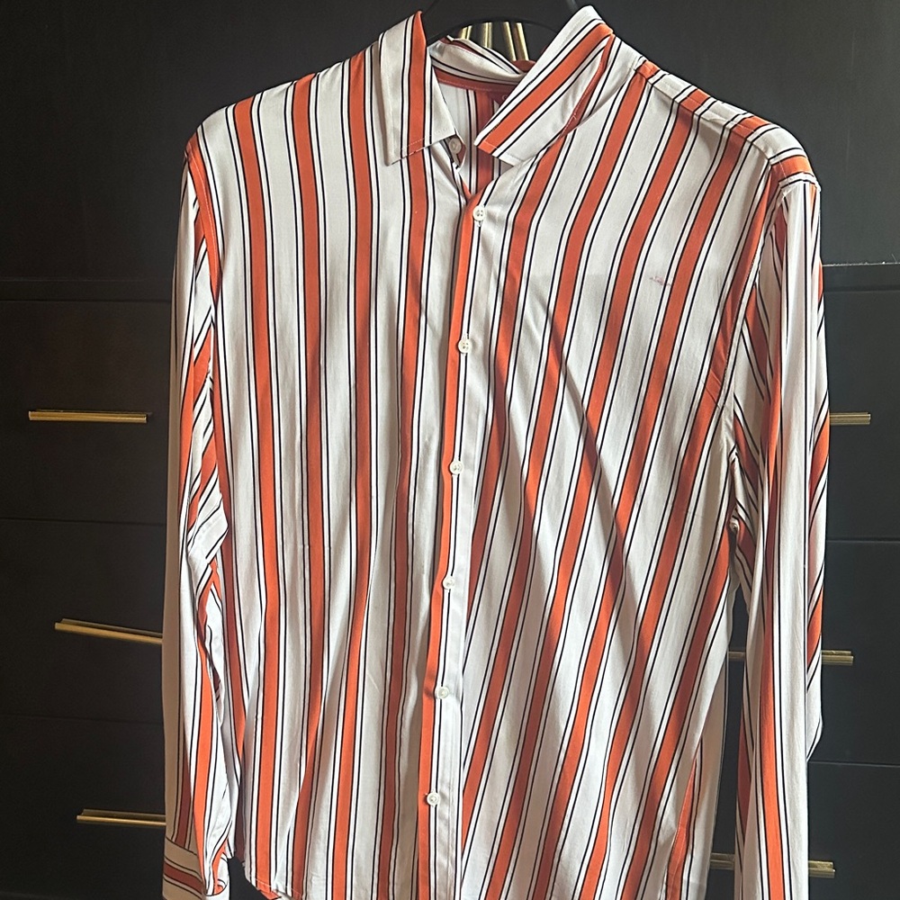 Guess Men's Striped Button-Down Shirt - Red, Black, and White